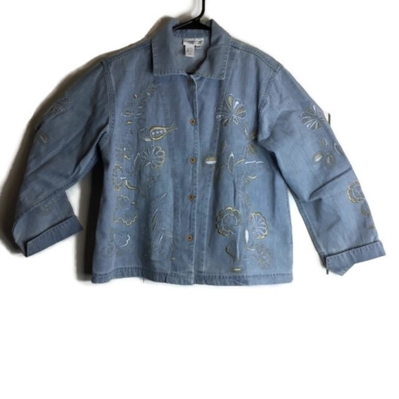 Coldwater Creek Jean Denim Embroidered Jacket Petite Medium Blue - Picture 1 of 8